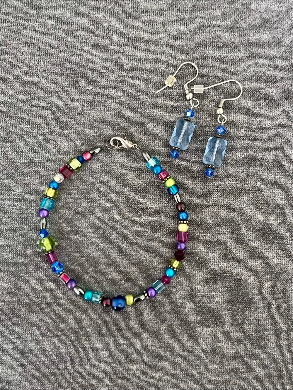 Handmade Multicolor Beaded Bracelet and Blue Glass Earrings - Women Jewelry